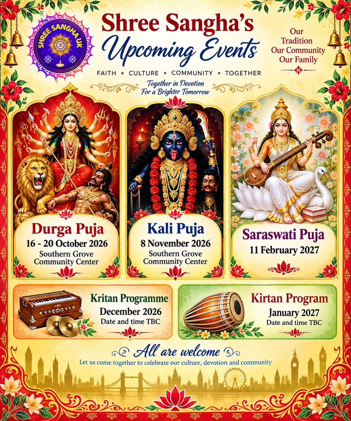 Shree Sangha UK upcoming events including Durga Puja, Kali Puja, Saraswati Puja and Kirtan programmes
